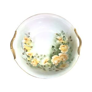 Antique 19th Century Yellow Roses‎ Floral Serving Bowl 2 Gold Handles Signed KZ
